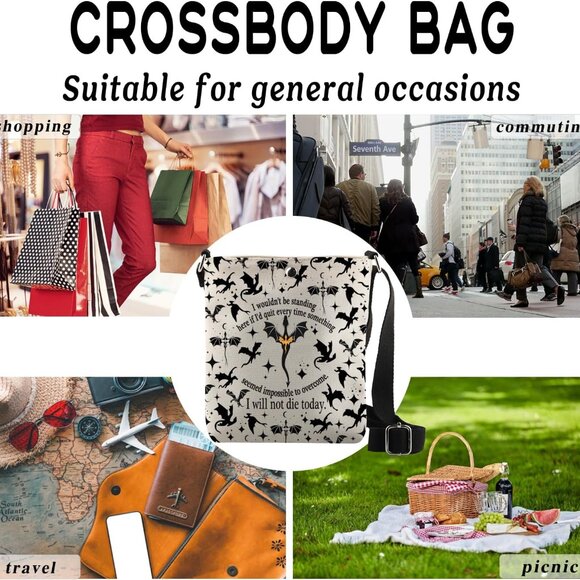 Fantasy Themed Crossbody Handbag - I Will Not Die Today, Dragon Print - Picture 7 of 7